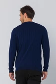 Erkek Regular Fit Düz Renk Bisiklet Yaka Uzun Kollu Çizgili Triko Kazak - 11