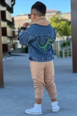 Erkek Çocuk Kot Ceketli Dino Baskılı Kapüşonlu Bej Eşofman Takım thumbnail 3