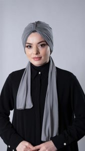 Gri Pratik Hazır Geçmeli Tesettür Bone Sandy Kumaş Atkılı  2204_15 - 1