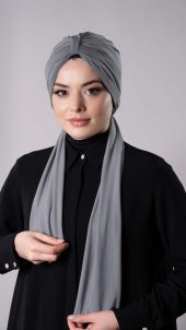 Gri Pratik Hazır Geçmeli Tesettür Bone Sandy Kumaş Atkılı  2204_15 - 2