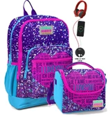 Coral High Okul Çantası ve Beslenme Çanta Seti - Usb Soketli Mor Mavi Kalp Kız Çocuk thumbnail 1