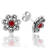 Lucky Life 925 Ayar Gumuss Kırmızı Telkari Çiçek Çivili Küpe - 1