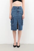 Kargo Cepli Önden Yırtmaçlı Jean Etek Mavi - 8