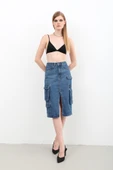 Kargo Cepli Önden Yırtmaçlı Jean Etek Mavi - 2
