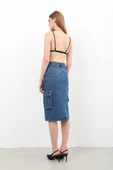 Kargo Cepli Önden Yırtmaçlı Jean Etek Mavi - 7