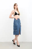 Kargo Cepli Önden Yırtmaçlı Jean Etek Mavi - 5