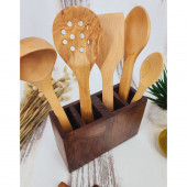 Standlı Ahşap Tahta Kaşık Seti Yemek Servis Sunum Kaşık Seti Ağaç Kaşıklık ( 6 Parça ) - 1