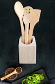 Standlı Ahşap Tahta Kaşık Seti Yemek Servis Sunum Kaşık Seti Ahşap Kaşıklık ( 5 Parça ) - 3