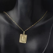 U Harf Kolye 14 Ayar Kare Altın Plakalı thumbnail 2