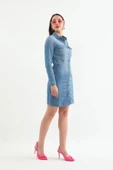 Kadın Uzun Kollu Düğmeli Jean Elbise Açık Mavi - 3