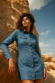 Kadın Uzun Kollu Düğmeli Jean Elbise Açık Mavi - 1