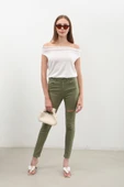 Kadın Yırtık Detaylı Jean Pantolon Haki thumbnail 2