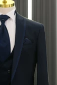 Slimfit Armürlü Sivri Yaka (Sabit Yaka) Yelekli Flarlı Smokin Takım Elbise - 3