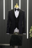 Slimfit (Skinny Kesim) Desenli Sivri Sabit Yaka Yelekli Papyonlu Smokin Takım Elbise - 2