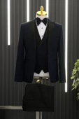 Slimfit (Skinny Kesim) Desenli Sivri Sabit Yaka Yelekli Papyonlu Smokin Takım Elbise - 5