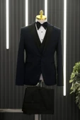 Slimfit (Skinny Kesim) Desenli Sivri Sabit Yaka Yelekli Papyonlu Smokin Takım Elbise - 4