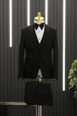 Slimfit (Skinny Kesim) Desenli Sivri Sabit Yaka Yelekli Papyonlu Smokin Takım Elbise - 7