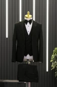 Slimfit (Skinny Kesim) Desenli Sivri Sabit Yaka Yelekli Papyonlu Smokin Takım Elbise - 8