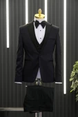 Slimfit (Skinny Kesim) Desenli Sivri Sabit Yaka Yelekli Papyonlu Smokin Takım Elbise - 1