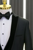 Slimfit Armürlü Kırlangıç Kadife Yaka Yelekli Papyonlu Smokin Takım Elbise - 7