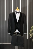 Slimfit Armürlü Kırlangıç Kadife Yaka Yelekli Papyonlu Smokin Takım Elbise - 8