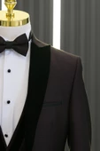 Slimfit Armürlü Kırlangıç Kadife Yaka Yelekli Papyonlu Smokin Takım Elbise - 3