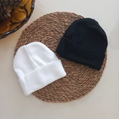 MARS BABY Kız Erkek Unisex Çocuk Siyah Beyaz Triko Düz Katlamalı Bere - 1