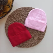 MARS BABY Kız Erkek Unisex Çocuk Kırmızı Pembe Triko Düz Katlamalı Bere - 1
