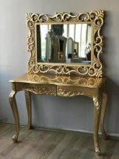 Dresuar 17413 Aslan Ayak Model Kayın TORNA Parlak GOLD Lake ÇEKMECE Ayna Lüx Oyma - 1