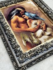 Siyular Kızılderili Aşıklar Adlı İran Tebriz Halı Tablo 95x75cm - Duvar Halı Kilim Tablo - 2