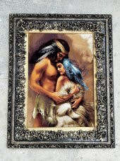 Siyular Kızılderili Aşıklar Adlı İran Tebriz Halı Tablo 95x75cm - Duvar Halı Kilim Tablo - 7