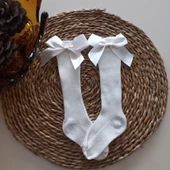 MARS BABY Kız Bebek Krem Fiyonklu Dizaltı Çorap - 1