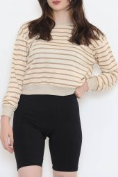Çizgili Crop Sweat Bejkahve - 11815.1567. - 1