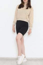 Çizgili Crop Sweat Bejkahve - 11815.1567. - 3
