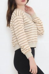 Çizgili Crop Sweat Bejkahve - 11815.1567. - 4