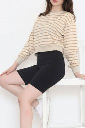 Çizgili Crop Sweat Bejkahve - 11815.1567. - 7