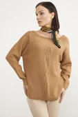 Kayık Yaka Motif Detaylı Triko Kazak - Kamel - 2