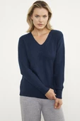 Petek Örgü V Yaka Triko Kazak - Lacivert thumbnail 2