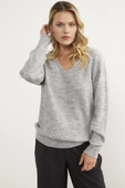 Petek Örgü V Yaka Triko Kazak - Açık Gri thumbnail 3