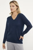 Petek Örgü V Yaka Triko Kazak - Lacivert thumbnail 3