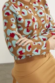 Leopar Desenli Triko Hırka - Kamel - 5