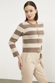 Çizgili Kısa Triko Hırka - Sütlü Kahve thumbnail 4