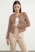 Ekose Desen Kısa Triko Ceket - Kiremit thumbnail 2