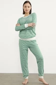 Çizgili Sıfır Yaka Pijama Takım - Yeşil - 3