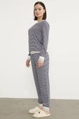 Çizgili Sıfır Yaka Pijama Takım - Lacivert - 4
