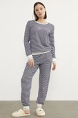Çizgili Sıfır Yaka Pijama Takım - Lacivert - 3