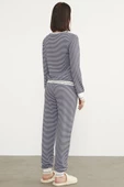 Çizgili Sıfır Yaka Pijama Takım - Lacivert - 5