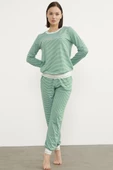 Çizgili Sıfır Yaka Pijama Takım - Yeşil - 2