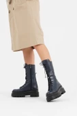 Hakiki Deri Kadın Kalın Taban Uzun Postal Çizme Kışlık Ayakkabı - 5