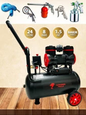 Catpower 24 Litre Sessiz Hava Kompresörü 1.5 Hp Bakır Sargı Motor 8 Bar 5 Parça Havalı Setli - 1